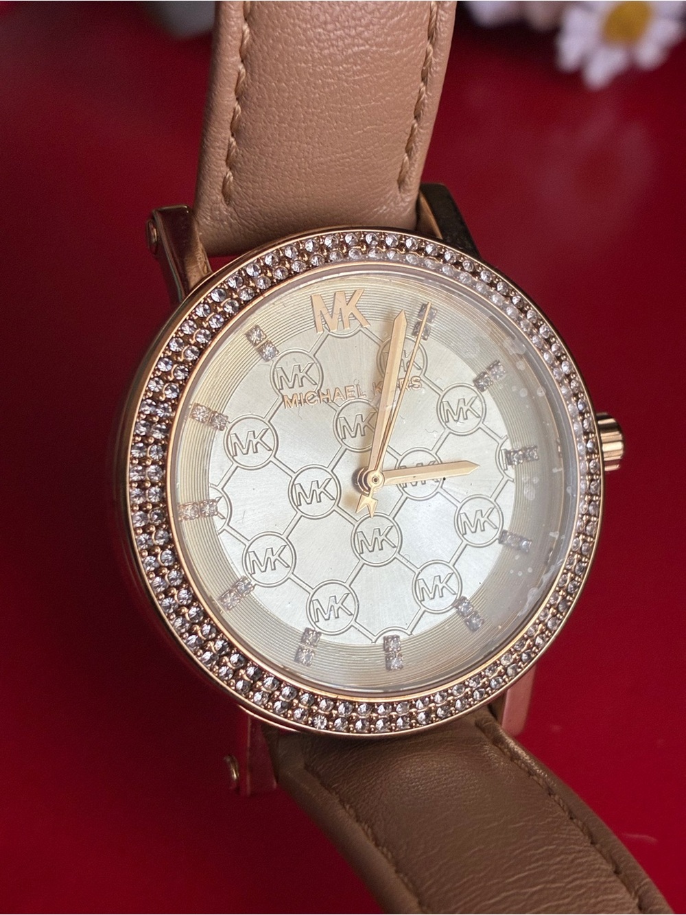 Michael Kors Women's Gold-Tone Crystal Bezel Leather Strap Watch - Taupe - Picture 2 of 10
